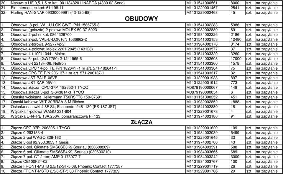 Obudowa (gniazdo) 2-polowa MOLEX 50-37-5023 M1131982002880 69 szt. na zapytanie 3. Obudowa 2-pol nr kat. 0864329700 M1131984002226 2186 szt. na zapytanie 4. Obudowa 2-pol. VAL-U-LOK P/N 1586862-2 M1131541002153 12480 szt.