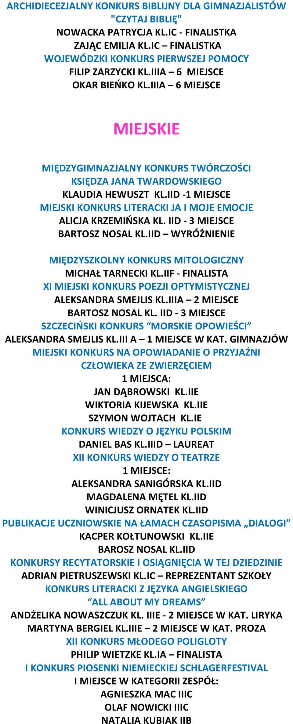 IID -1 MIEJSCE MIEJSKI KONKURS LITERACKI JA I MOJE EMOCJE ALICJA KRZEMIŃSKA KL. IID - 3 MIEJSCE BARTOSZ NOSAL KL.IID WYRÓŻNIENIE MIĘDZYSZKOLNY KONKURS MITOLOGICZNY MICHAŁ TARNECKI KL.