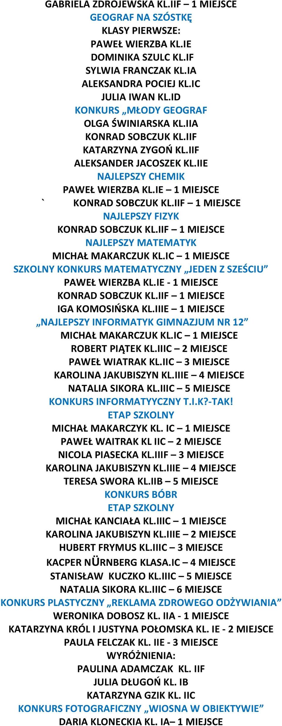 IE 1 MIEJSCE ` NAJLEPSZY FIZYK NAJLEPSZY MATEMATYK MICHAŁ MAKARCZUK KL.IC 1 MIEJSCE SZKOLNY KONKURS MATEMATYCZNY JEDEN Z SZEŚCIU PAWEŁ WIERZBA KL.IE - 1 MIEJSCE IGA KOMOSIŃSKA KL.