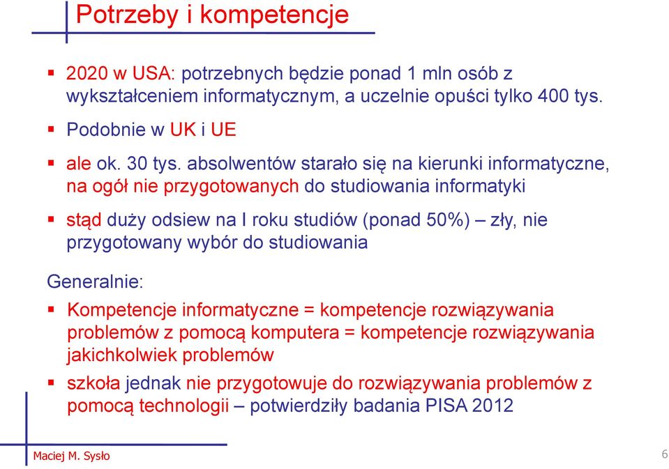 absolwentów starało się na kierunki informatyczne, na ogół nie przygotowanych do studiowania informatyki stąd duży odsiew na I roku studiów (ponad 50%) zły,