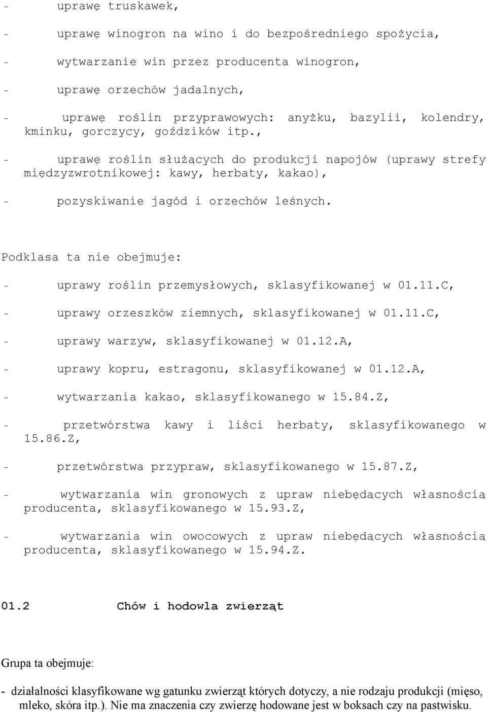 - uprawy roślin przemysłowych, sklasyfikowanej w 01.11.C, - uprawy orzeszków ziemnych, sklasyfikowanej w 01.11.C, - uprawy warzyw, sklasyfikowanej w 01.12.