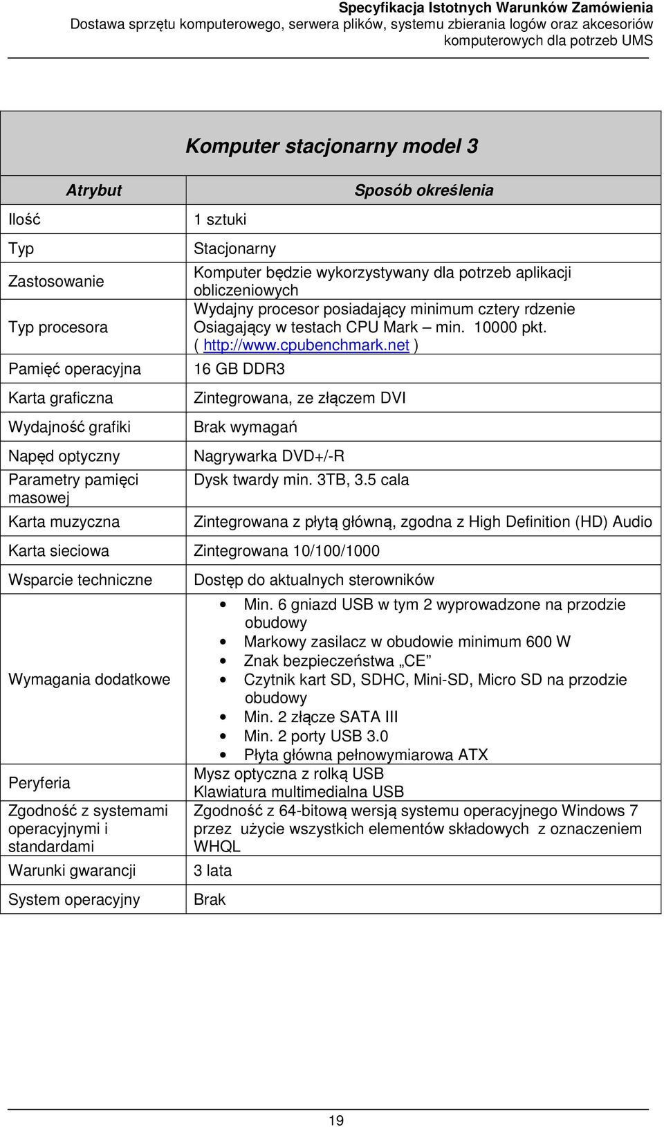 net ) 16 GB DDR3 Zintegrowana, ze złączem DVI Brak wymagań Nagrywarka DVD+/-R Dysk twardy min. 3TB, 3.