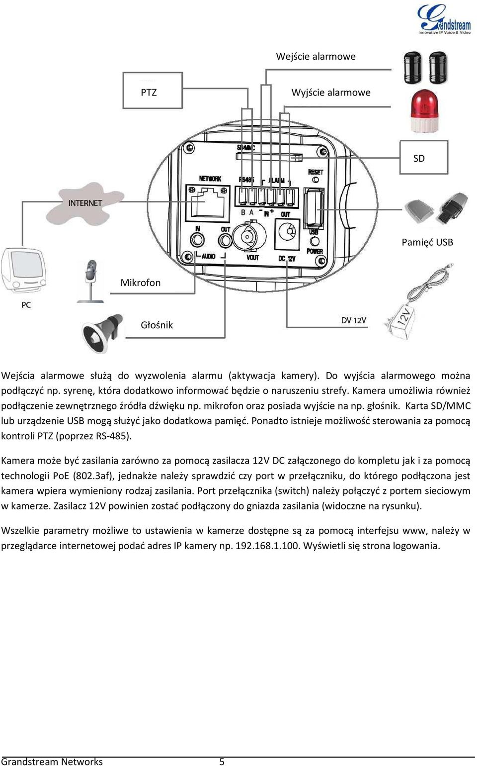 Karta SD/MMC lub urządzenie USB mogą służyć jako dodatkowa pamięć. Ponadto istnieje możliwość sterowania za pomocą kontroli PTZ (poprzez RS-485).