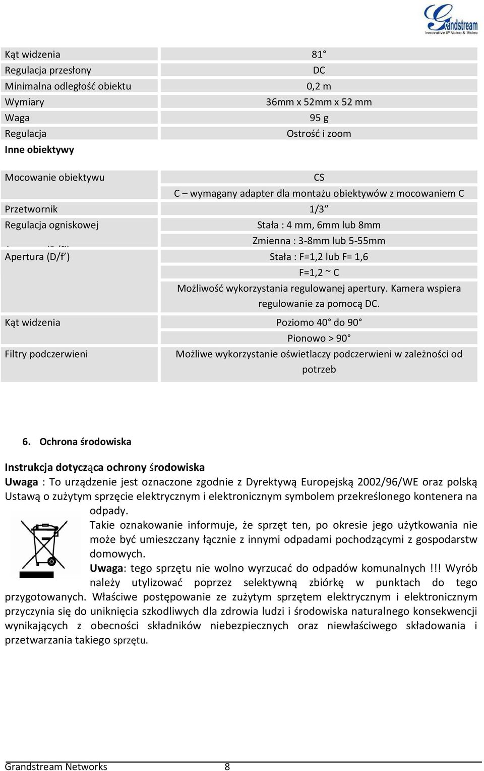 F=1,2 lub F= 1,6 F=1,2 ~ C Możliwość wykorzystania regulowanej apertury. Kamera wspiera regulowanie za pomocą DC.