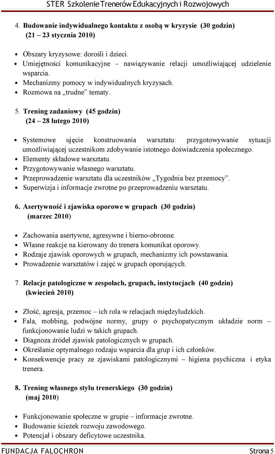 Trening zadaniowy (45 godzin) (24 28 lutego 2010) Systemowe ujęcie konstruowania warsztatu: przygotowywanie sytuacji umożliwiającej uczestnikom zdobywanie istotnego doświadczenia społecznego.