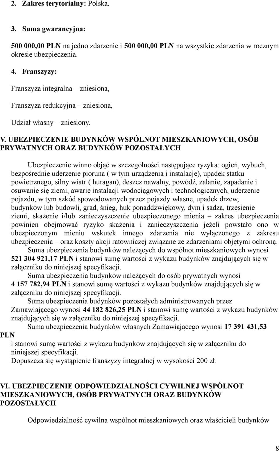 UBEZPIECZENIE BUDYNKÓW WSPÓLNOT MIESZKANIOWYCH, OSÓB PRYWATNYCH ORAZ BUDYNKÓW POZOSTAŁYCH Ubezpieczenie winno objąć w szczególności następujące ryzyka: ogień, wybuch, bezpośrednie uderzenie pioruna (