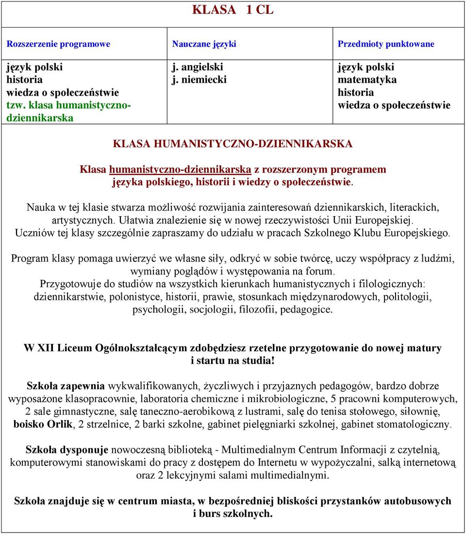 społeczeństwie. Nauka w tej klasie stwarza możliwość rozwijania zainteresowań dziennikarskich, literackich, artystycznych. Ułatwia znalezienie się w nowej rzeczywistości Unii Europejskiej.