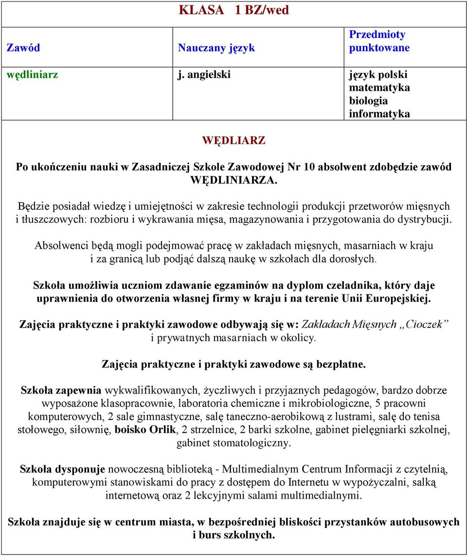 Absolwenci będą mogli podejmować pracę w zakładach mięsnych, masarniach w kraju i za granicą lub podjąć dalszą naukę w szkołach dla dorosłych.