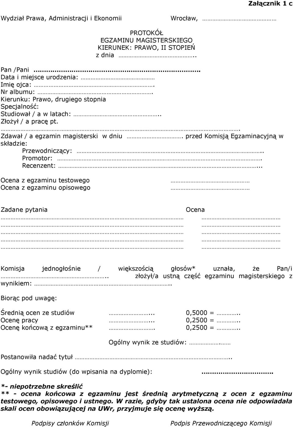 . Promotor:. Recenzent:... Ocena z egzaminu testowego Ocena z egzaminu opisowego Zadane pytania Ocena Komisja jednogłośnie / większością głosów* uznała, że Pan/i.