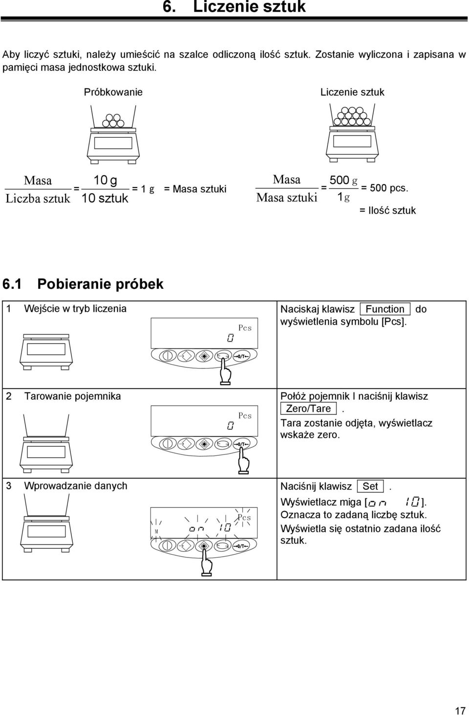 1 Pobieranie próbek 1 Wejście w tryb liczenia Naciskaj klawisz Function do wyświetlenia symbolu [Pcs].