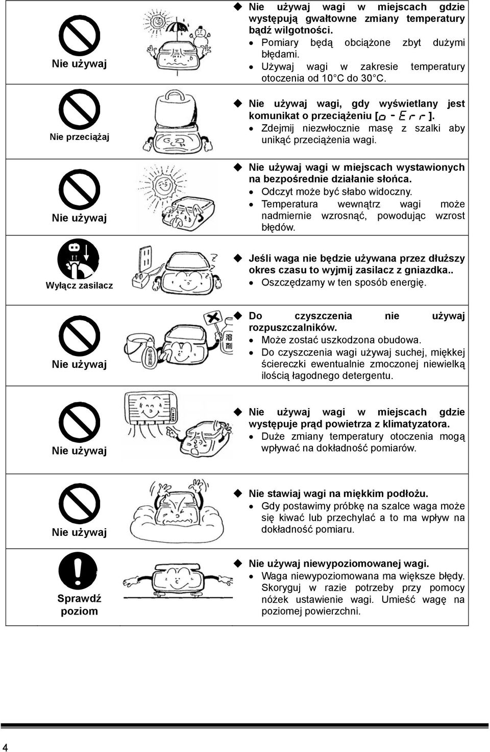 Nie 定 格 używaj 外 禁 止 Nie używaj wagi w miejscach wystawionych na bezpośrednie działanie słońca. Odczyt może być słabo widoczny.