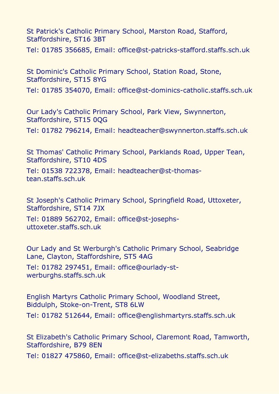 uk Our Lady's Catholic Primary School, Park View, Swynnerton, Staffordshire, ST15 0QG Tel: 01782 796214, Email: headteacher@swynnerton.staffs.sch.