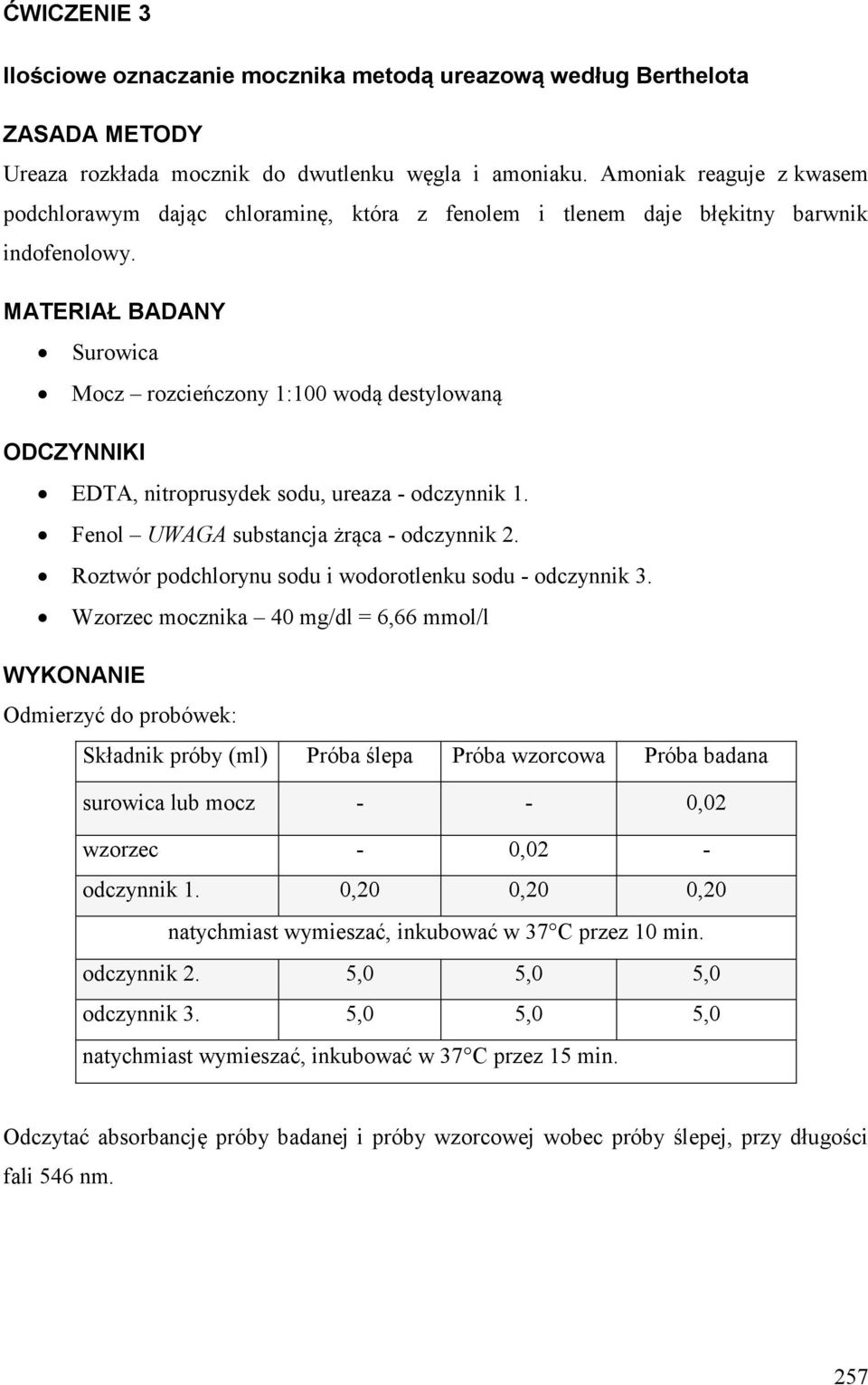 MTERIŁ BDNY Surowica Mocz rozcieńczony 1:100 wodą destylowaną ODCZYNNIKI EDT, nitroprusydek sodu, ureaza - odczynnik 1. Fenol UWG substancja żrąca - odczynnik 2.