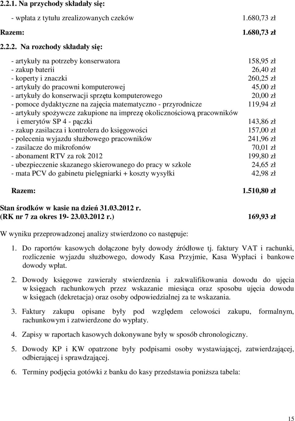 komputerowego 20,00 zł - pomoce dydaktyczne na zajęcia matematyczno - przyrodnicze 119,94 zł - artykuły spożywcze zakupione na imprezę okolicznościową pracowników i emerytów SP 4 - pączki 143,86 zł -