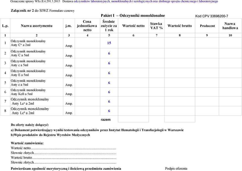 Anty Le b a 2ml 6 Do oferty należy dołączyć: razem a) Dokument potwierdzający wyniki testowania odczynników przez Instytut Hematologii i Transfuzjologii w Warszawie b)wpis produktów do Rejestru