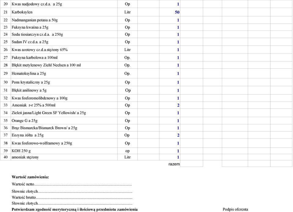 1 30 Pons krystaliczny a 25g 31 Błękit anilinowy a 5g 32 Kwas fosforomolibdenowy a 100g 33 Amoniak r-r 25% a 500ml Op 2 34 Zieleń jasna/light Green SF Yellowish/ a 25g 35 Orange G a 25g 36