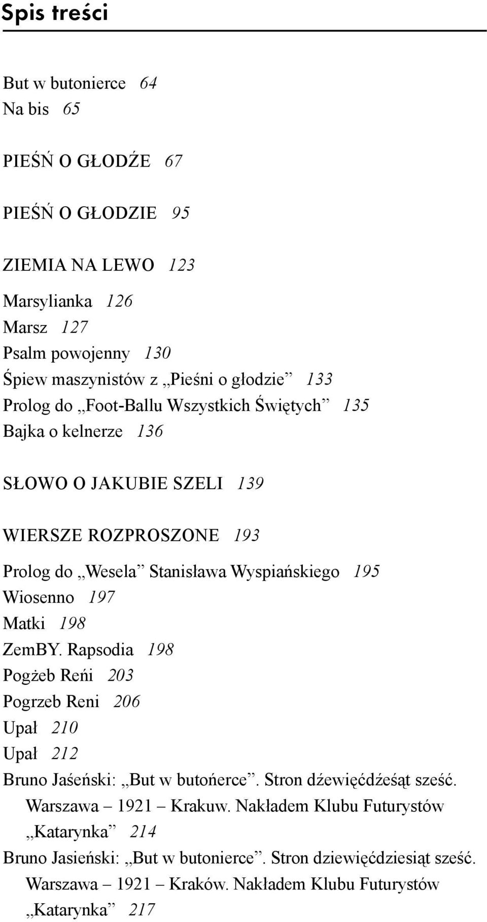 195 Wiosenno 197 Matki 198 ZemBY. Rapsodia 198 Pogżeb Reńi 203 Pogrzeb Reni 206 Upał 210 Upał 212 Bruno Jaśeński: But w butońerce. Stron dźewięćdźeśąt sześć.