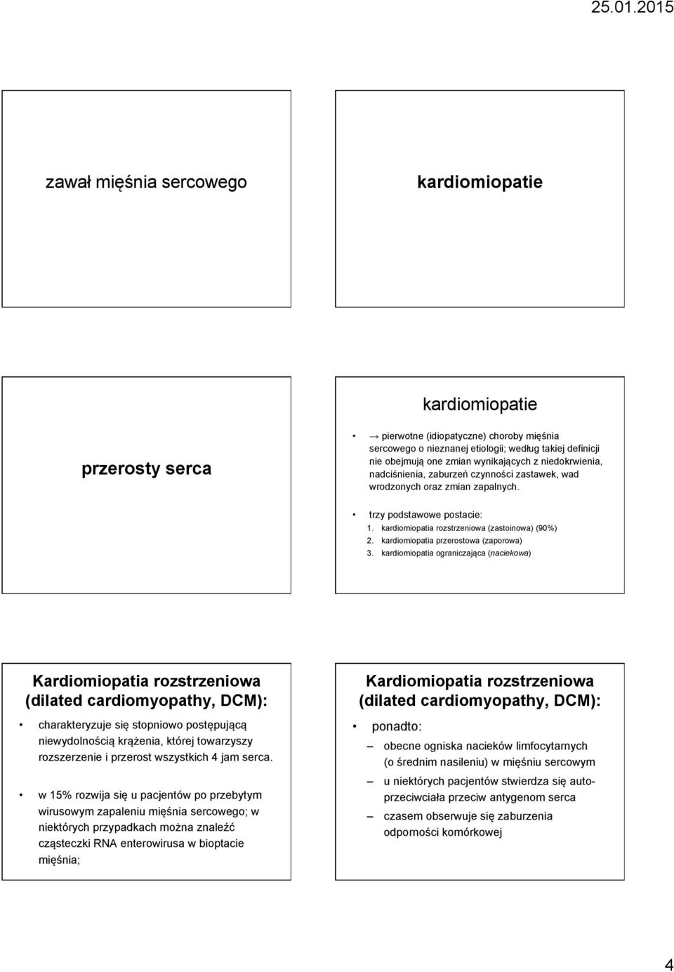 (zaporowa) 3. kardiomiopatia ograniczająca (naciekowa) charakteryzuje się stopniowo postępującą niewydolnością krążenia, której towarzyszy rozszerzenie i przerost wszystkich 4 jam serca.