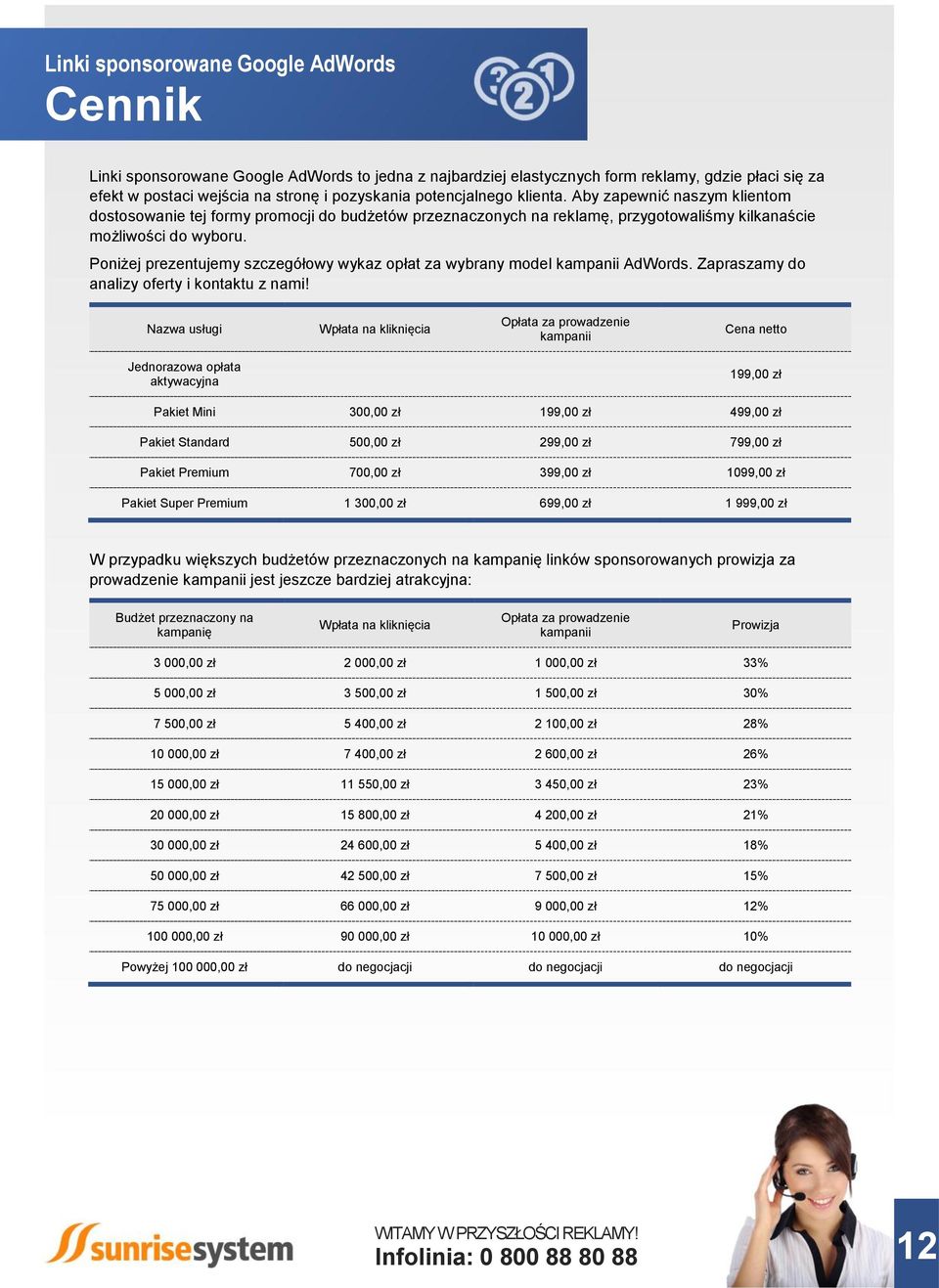 Poniżej prezentujemy szczegółowy wykaz opłat za wybrany model kampanii AdWords. Zapraszamy do analizy oferty i kontaktu z nami!