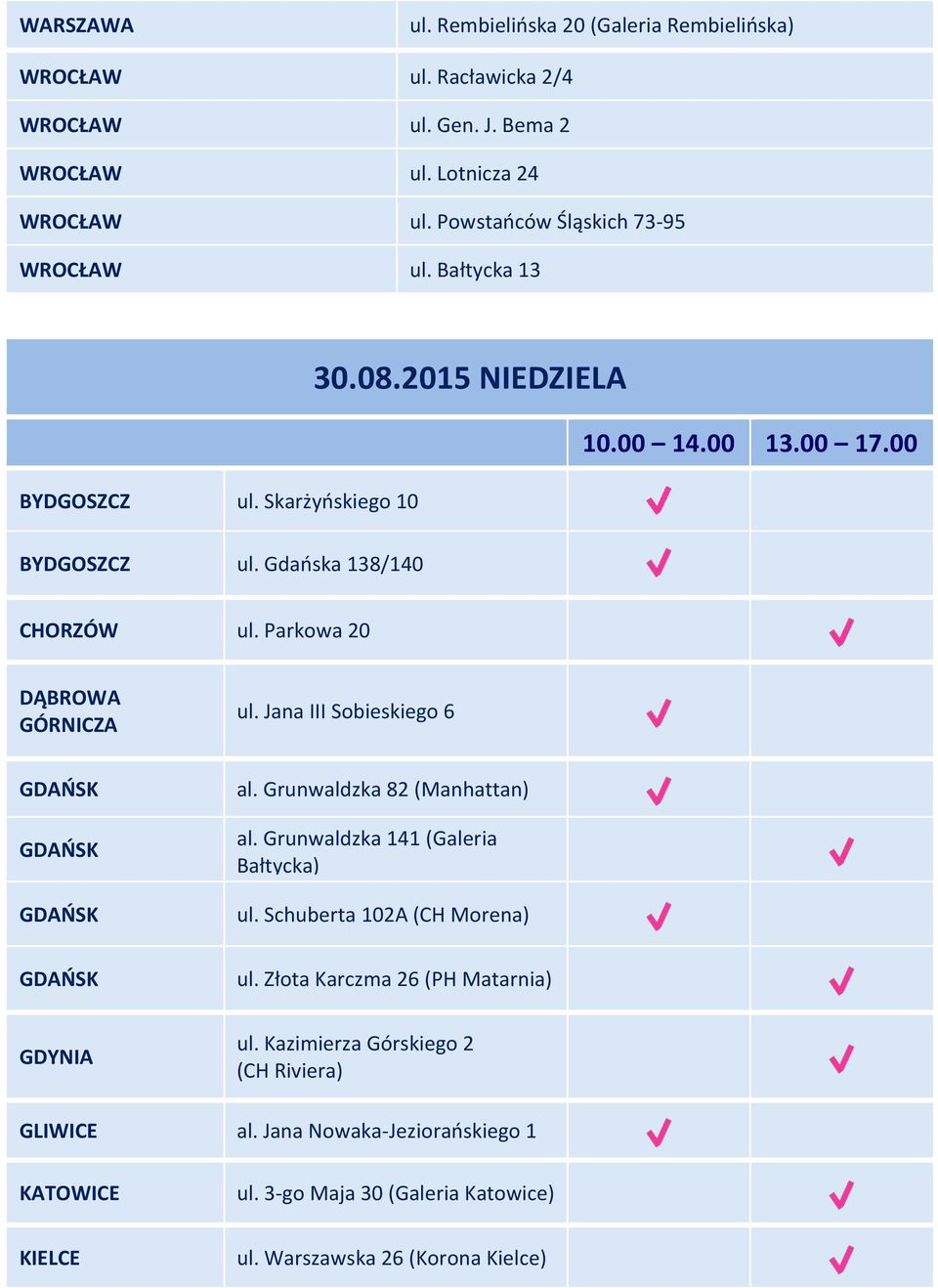 Gdańska 138/140 CHORZÓW ul. Parkowa 20 DĄBROWA GÓRNICZA ul. Jana III Sobieskiego 6 al. Grunwaldzka 82 (Manhattan) al. Grunwaldzka 141 (Galeria Bałtycka) ul.