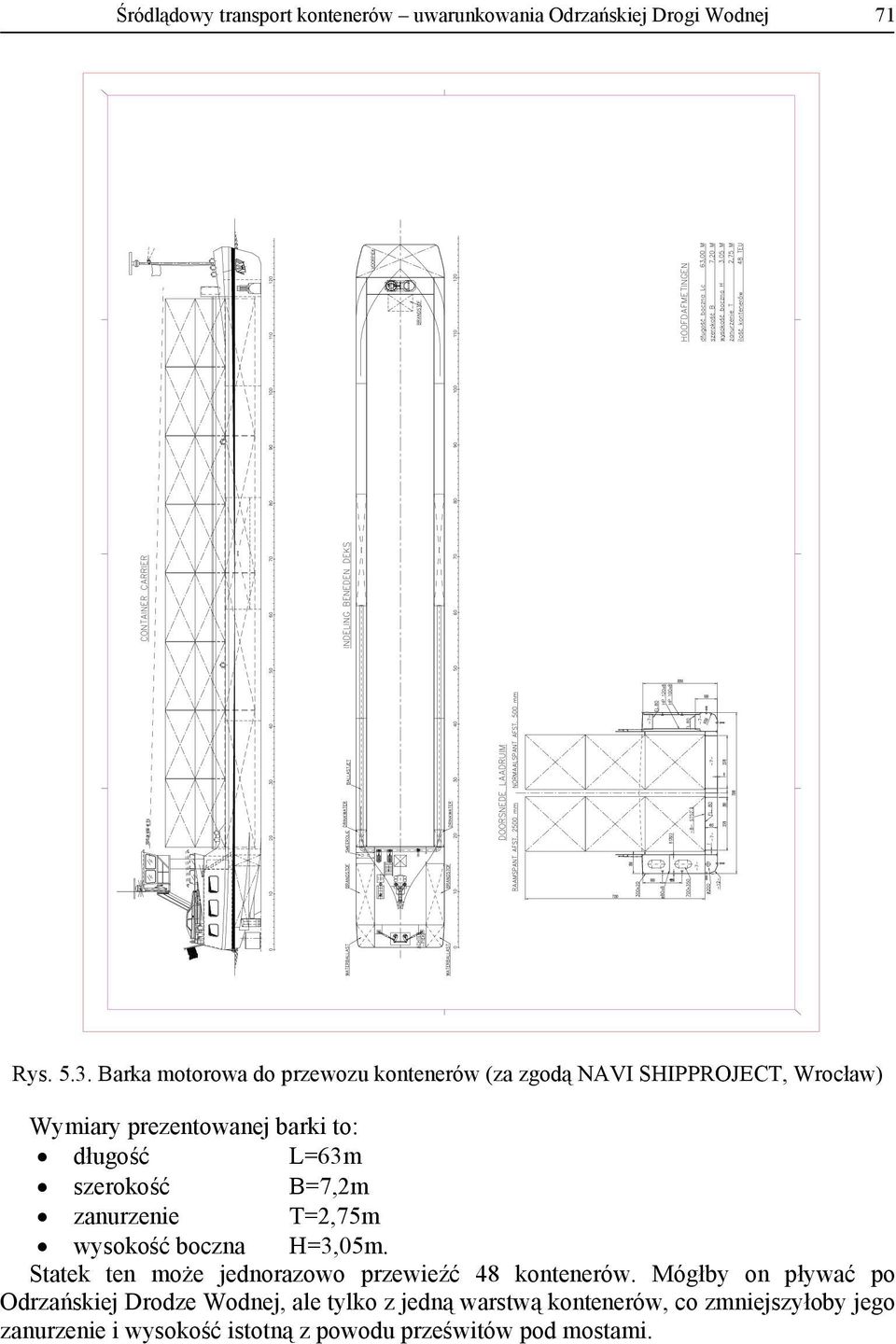 szerokość B=7,2m zanurzenie T=2,75m wysokość boczna H=3,05m. Statek ten może jednorazowo przewieźć 48 kontenerów.