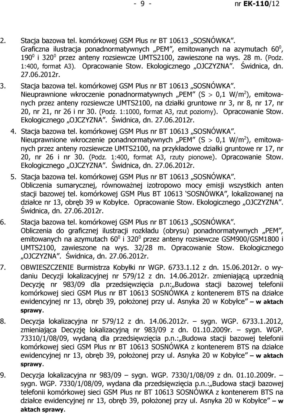 Nieuprawnione wkroczenie ponadnormatywnych PEM (S > 0,1 W/m2), emitowanych przez anteny rozsiewcze UMTS2100, na działki gruntowe nr 3, nr 8, nr 17, nr 20, nr 21, nr 26 i nr 30. (Podz.