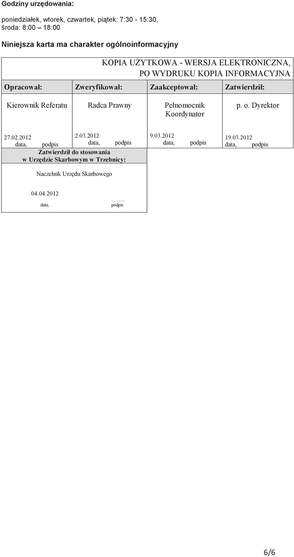 Zaakceptował: Zatwierdził: Kierownik Referatu Radca Prawny Pełnomocnik Koordynator p. o. Dyrektor 27.02.2012 2.03.