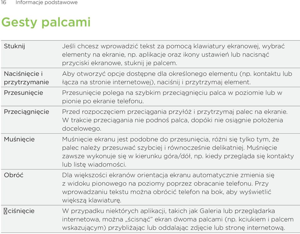 kontaktu lub łącza na stronie internetowej), naciśnij i przytrzymaj element. Przesunięcie polega na szybkim przeciągnięciu palca w poziomie lub w pionie po ekranie telefonu.