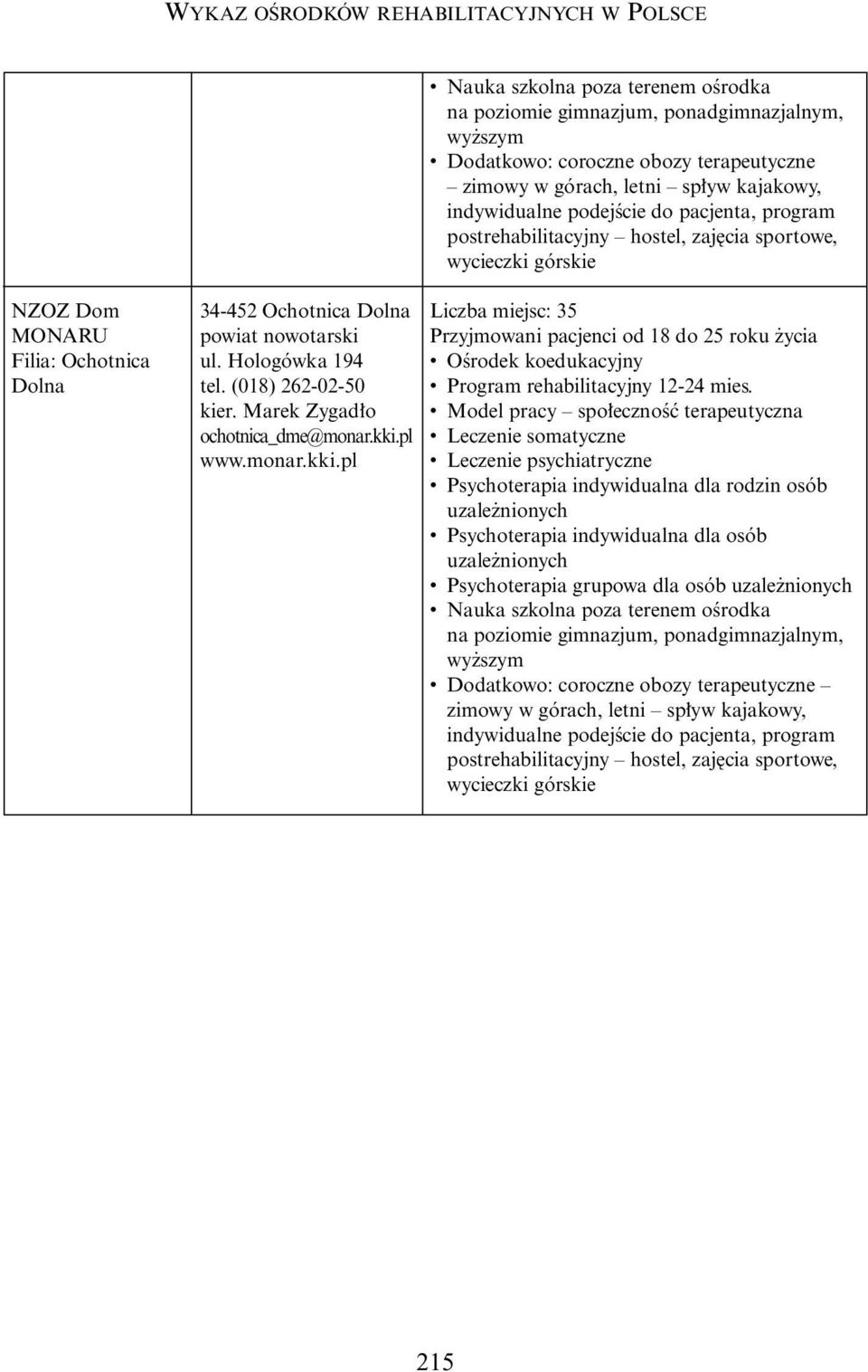 Marek Zygad o ochotnica_dme@monar.kki.pl www.monar.kki.pl Liczba miejsc: 35 Przyjmowani pacjenci od 18 do 25 roku ycia Program rehabilitacyjny 12-24 mies.