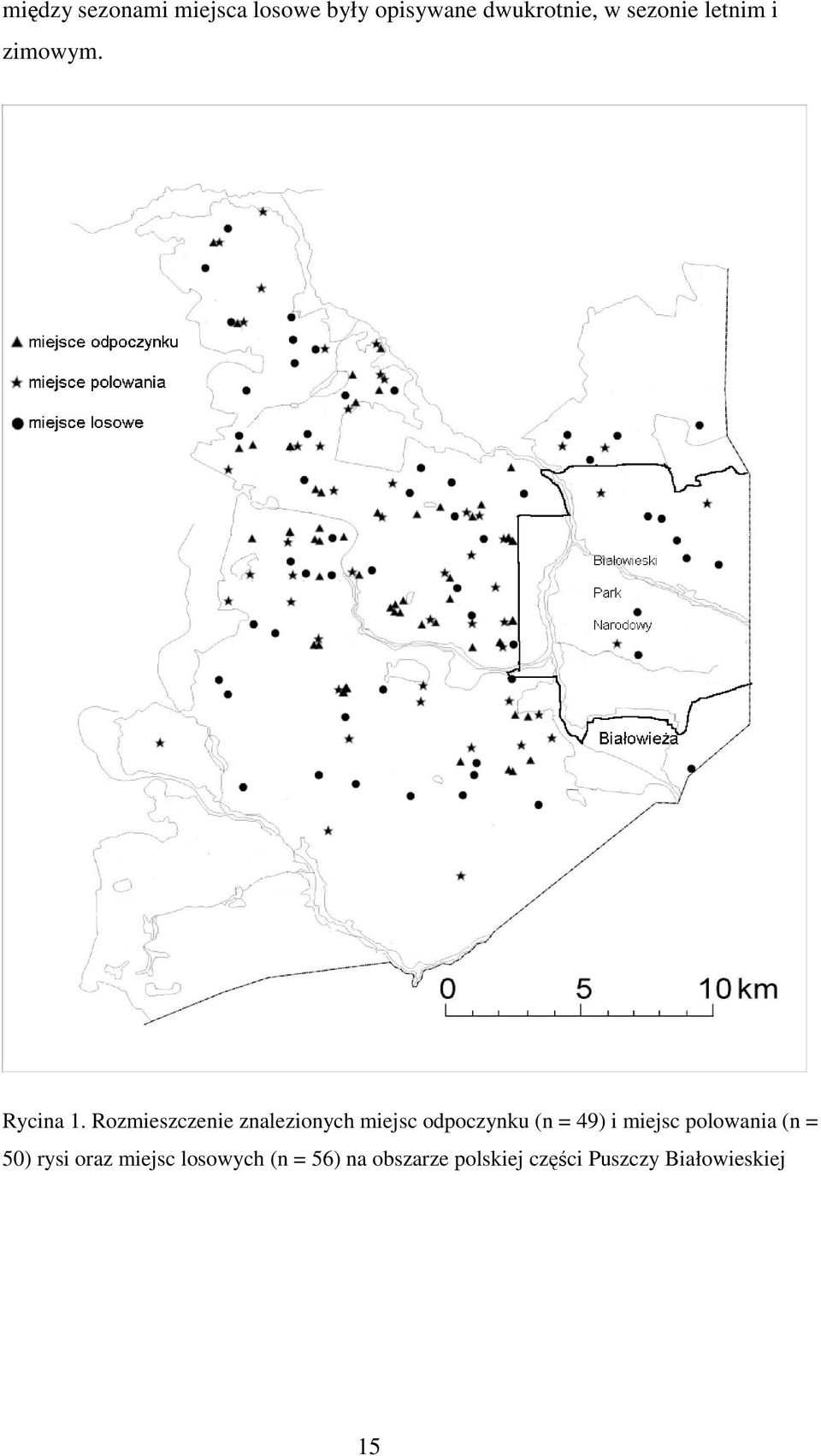 Rozmieszczenie znalezionych miejsc odpoczynku (n = 49) i miejsc