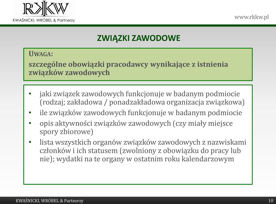 opis aktywności związków zawodowych (czy miały miejsce spory zbiorowe) lista wszystkich organów związków zawodowych z nazwiskami