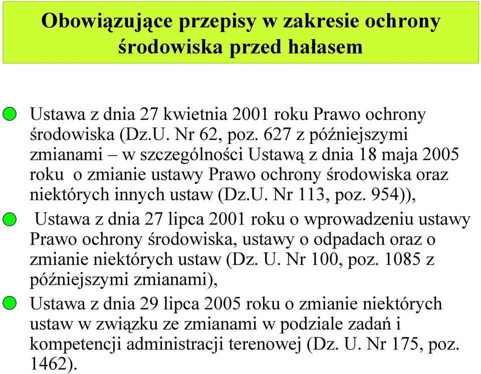 954)), Ustawa z dnia 27 lipca 2001 roku o wprowadzeniu ustawy Prawo ochrony środowiska, ustawy o odpadach oraz o zmianie niektórych ustaw (Dz. U. Nr 100, poz.