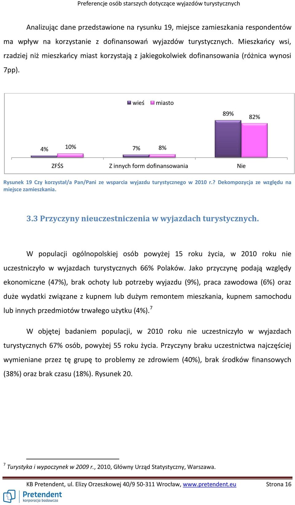 8 8 4% ZFŚS Z innych form dofinansowania Nie Rysunek 19 Czy korzystał/a Pan/Pani ze wsparcia wyjazdu turystycznego w 2010 r.? Dekompozycja ze względu na miejsce zamieszkania. 3.