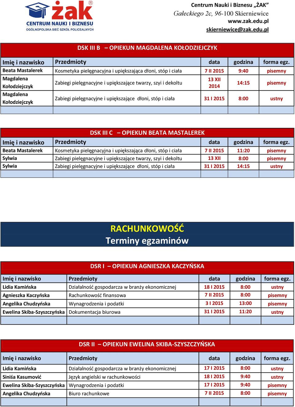 Mastalerek Kosmetyka pielęgnacyjna i upiększająca dłoni, stóp i ciała 7 II 2015 11:20 pisemny Sylwia Zabiegi pielęgnacyjne i upiększające twarzy, szyi i dekoltu 13 XII 8:00 pisemny Wojciechowska