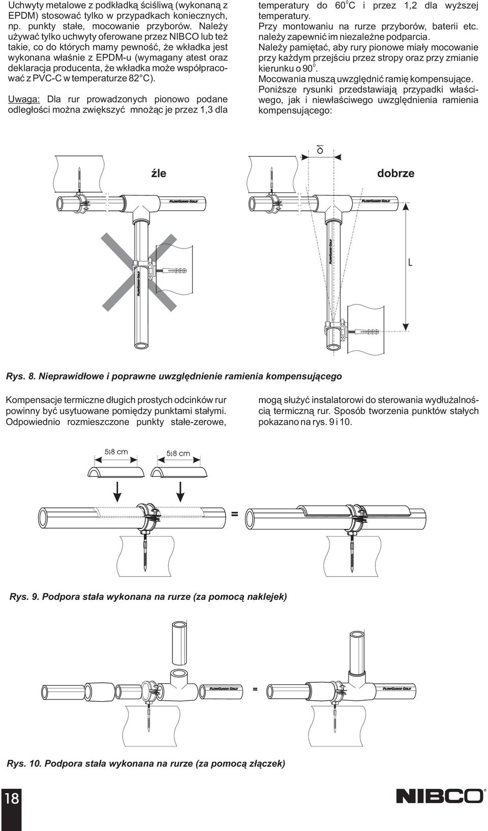 współpracować z PVCC w temperaturze 8 C). Uwaga: Dla rur prowadzonych pionowo podane odległości można zwiększyć mnożąc je przez, dla temperatury do 6 C i przez, dla wyższej temperatury.