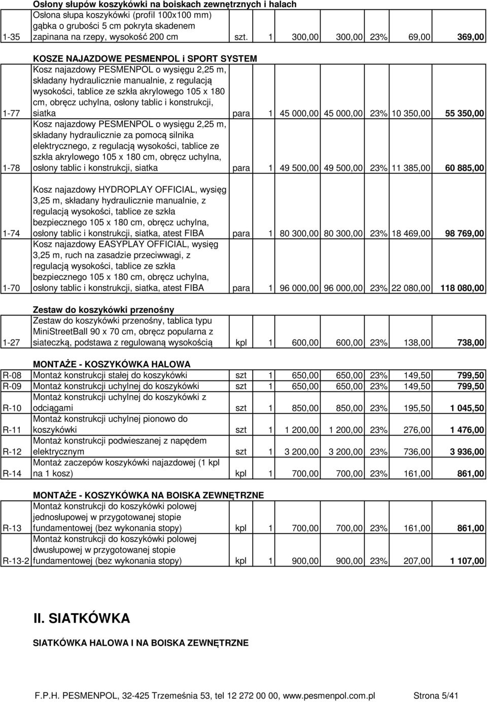 1 300,00 300,00 23% 69,00 369,00 KOSZE NAJAZDOWE PESMENPOL i SPORT SYSTEM Kosz najazdowy PESMENPOL o wysięgu 2,25 m, składany hydraulicznie manualnie, z regulacją wysokości, tablice ze szkła