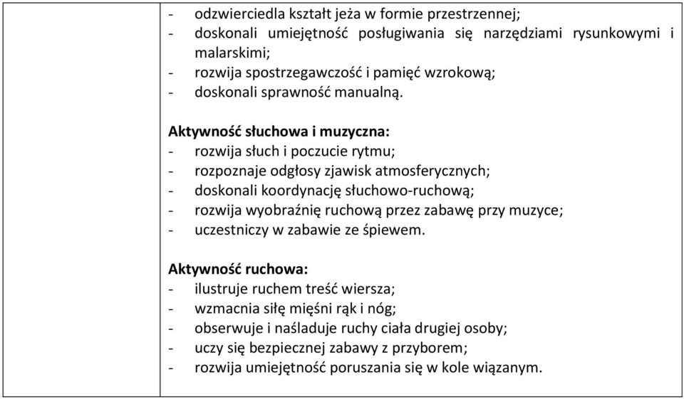 Aktywność słuchowa i muzyczna: - rozwija słuch i poczucie rytmu; - rozpoznaje odgłosy zjawisk atmosferycznych; - doskonali koordynację słuchowo-ruchową; - rozwija