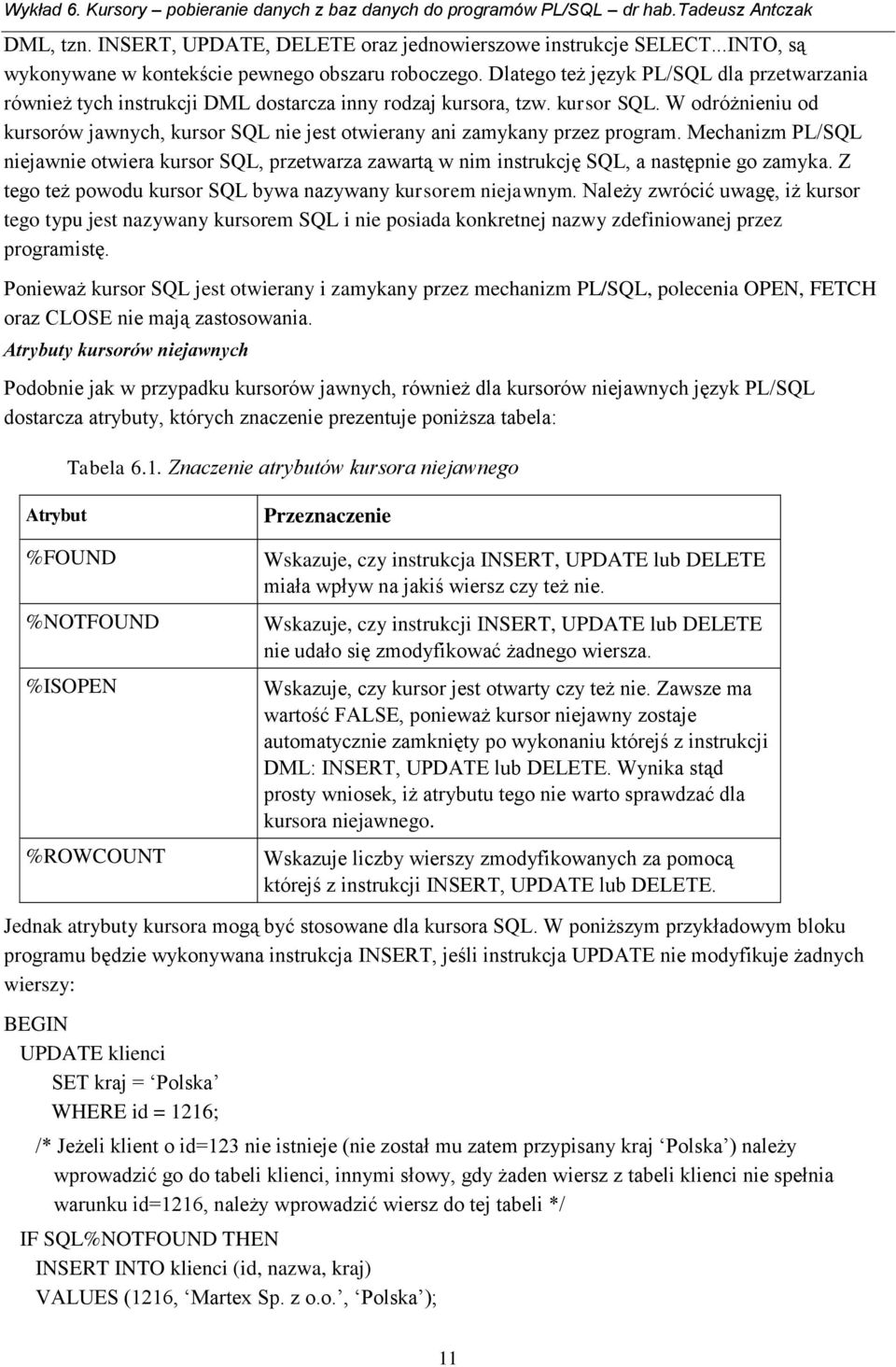 W odróżnieniu od kursorów jawnych, kursor SQL nie jest otwierany ani zamykany przez program.