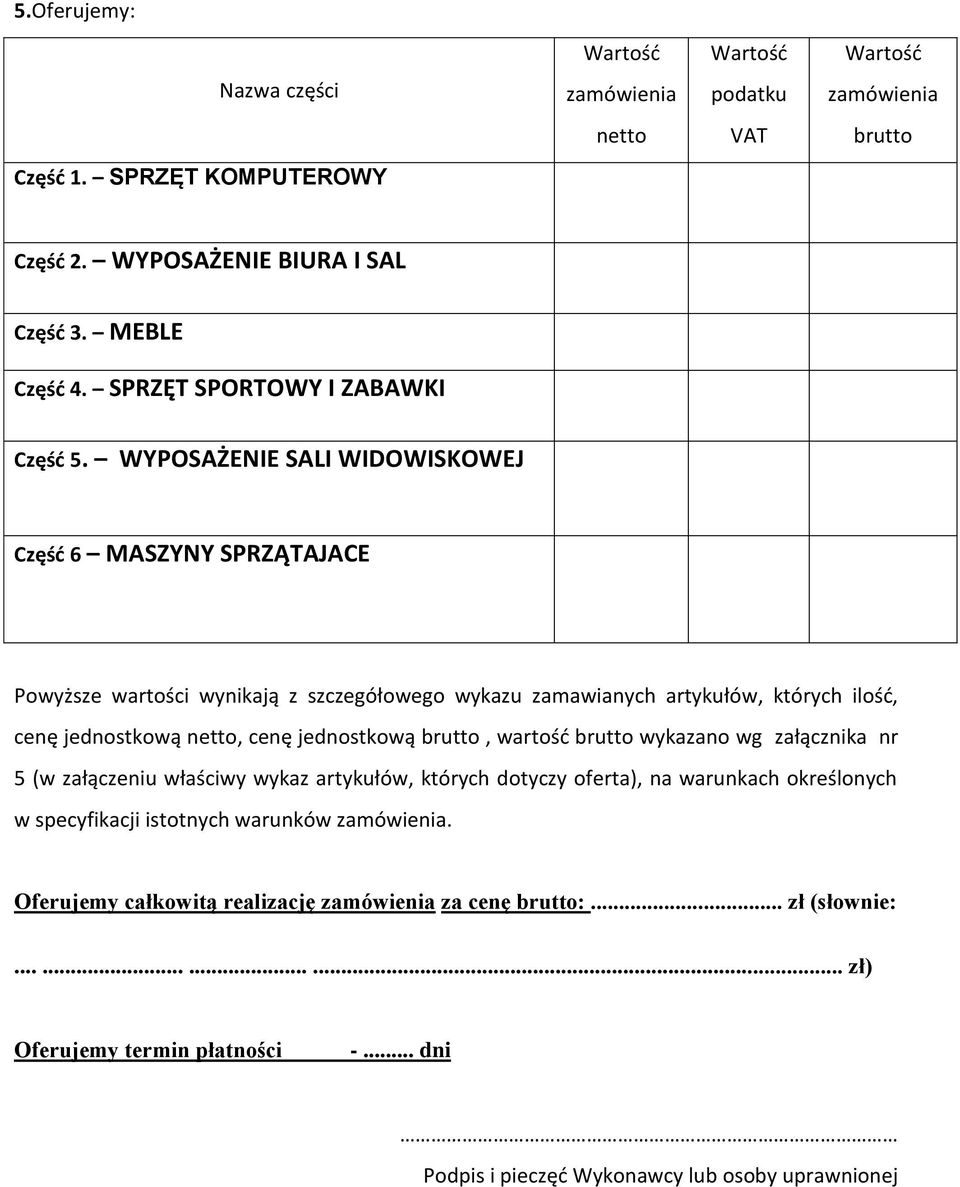 WYPOSAŻENIE SALI WIDOWISKOWEJ Część 6 MASZYNY SPRZĄTAJACE Powyższe wartości wynikają z szczegółowego wykazu zamawianych artykułów, których ilość, cenę jednostkową netto, cenę jednostkową