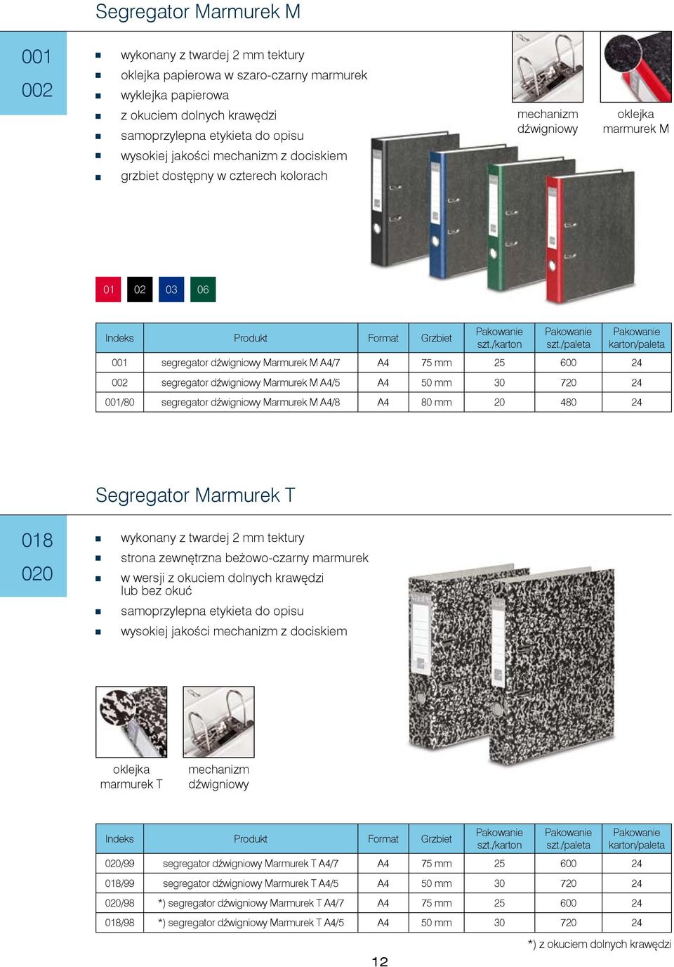 A4/5 A4 50 mm 30 720 24 001/80 segregator dźwigniowy Marmurek M A4/8 A4 80 mm 20 480 24 Segregator Marmurek T 018 020 wykonany z twardej 2 mm tektury strona zewnętrzna beżowo-czarny marmurek w wersji