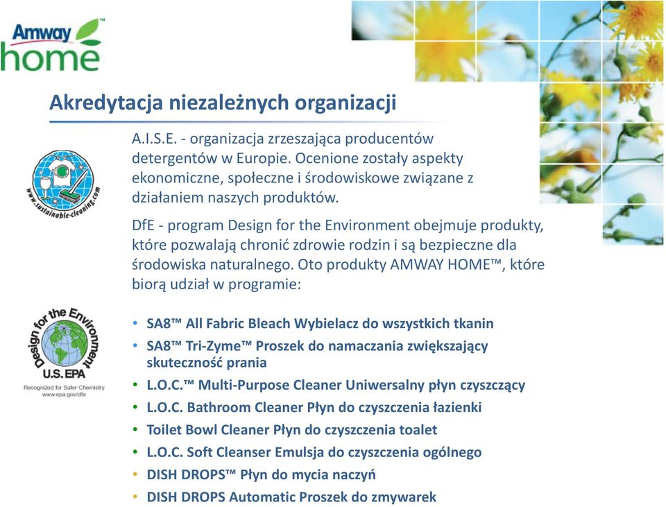 DfE-program Design for the Environment obejmujeprodukty, które pozwalają chronić zdrowie rodzini są bezpieczne dla środowiska naturalnego.