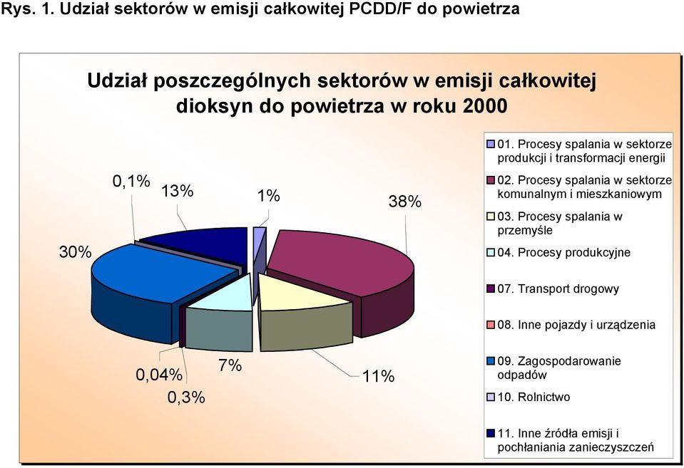 w roku 2000 01. Procesy spalania w sektorze produkcji i transformacji energii 30% 0,1% 13% 1% 38% 02.