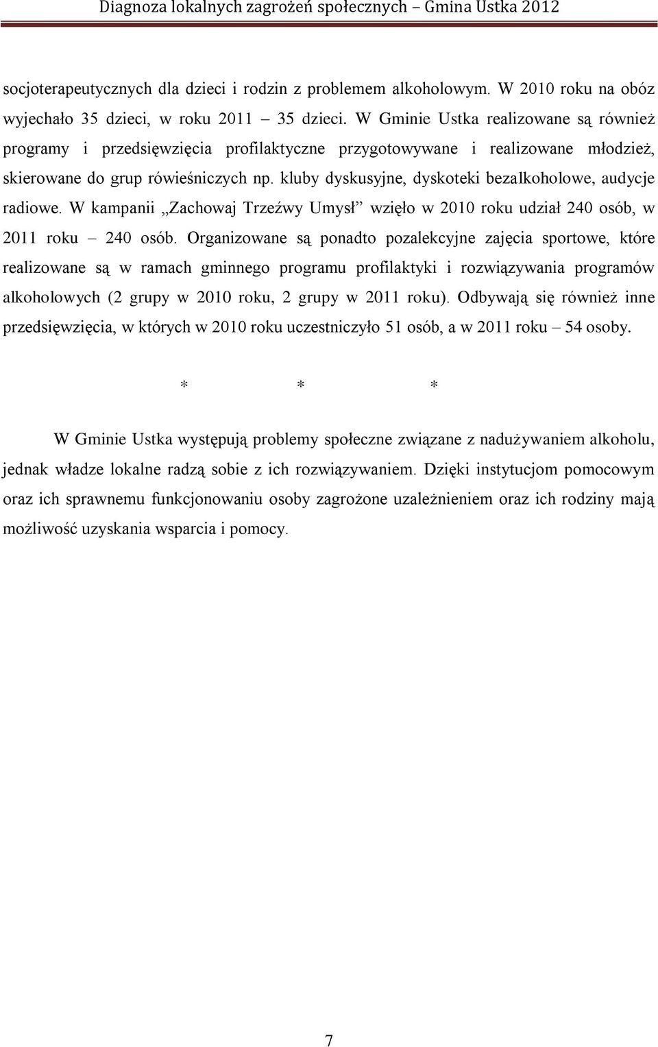 kluby dyskusyjne, dyskoteki bezalkoholowe, audycje radiowe. W kampanii Zachowaj Trzeźwy Umysł wzięło w 2010 roku udział 240 osób, w 2011 roku 240 osób.