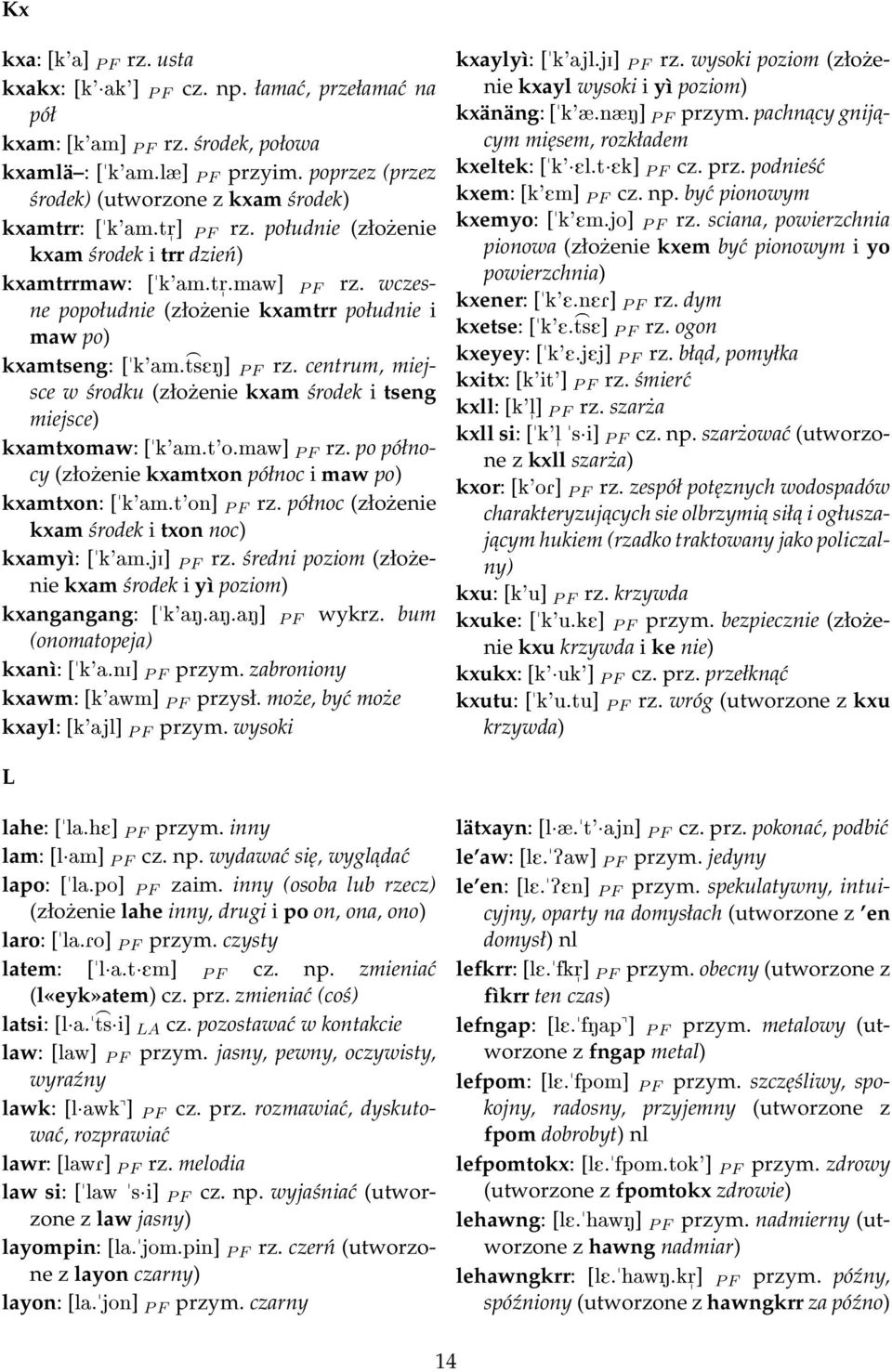 wczesne popołudnie (złożenie " kxamtrr południe i maw po) kxamtseng: ["k'am. tsen] > P F rz. centrum, miejsce w środku (złożenie kxam środek i tseng miejsce) kxamtxomaw: ["k'am.t'o.maw] P F rz.