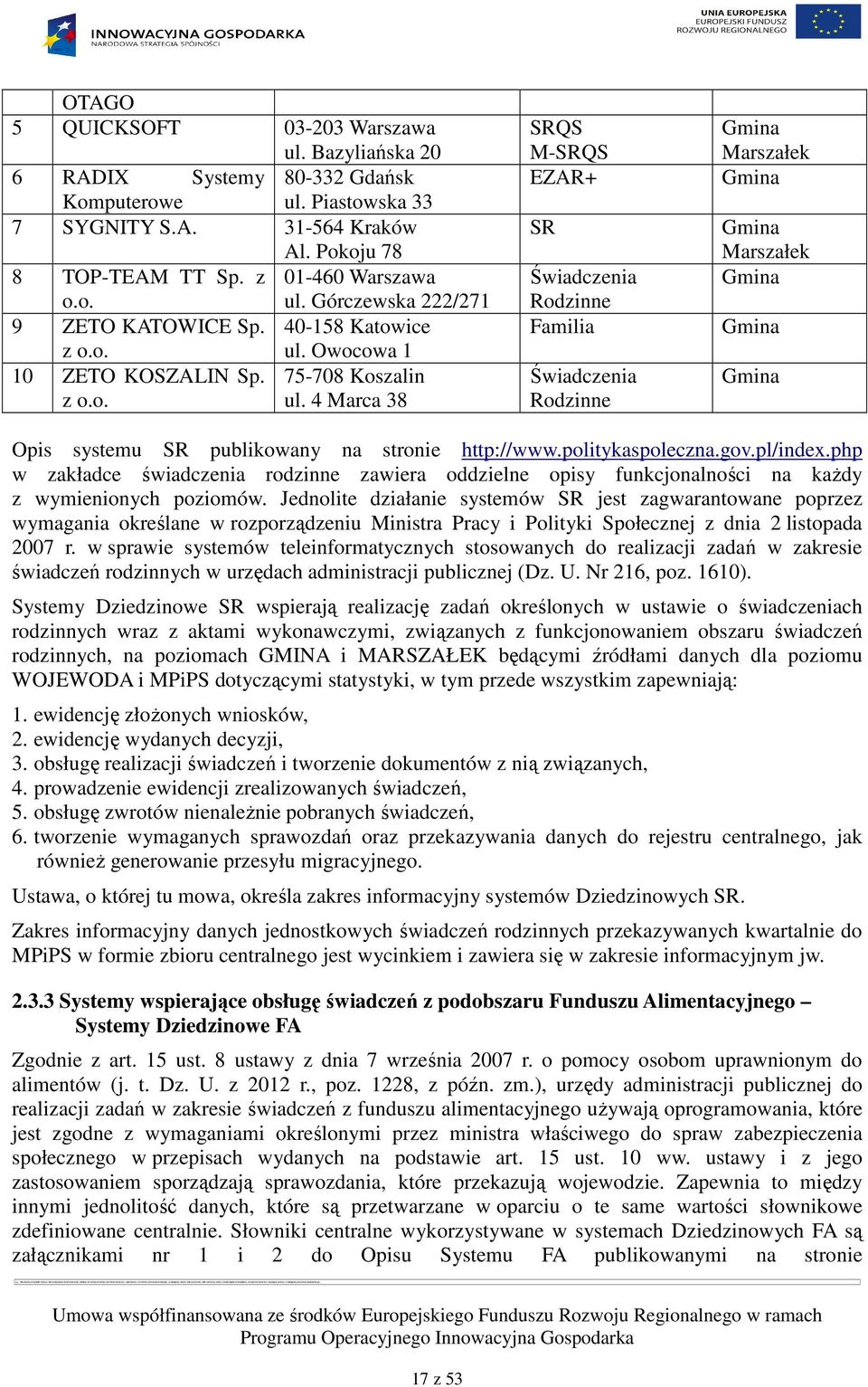 4 Marca 38 SRQS M-SRQS EZAR+ SR Świadczenia Rodzinne Familia Świadczenia Rodzinne Marszałek Marszałek Opis systemu SR publikowany na stronie http://www.politykaspoleczna.gov.pl/index.