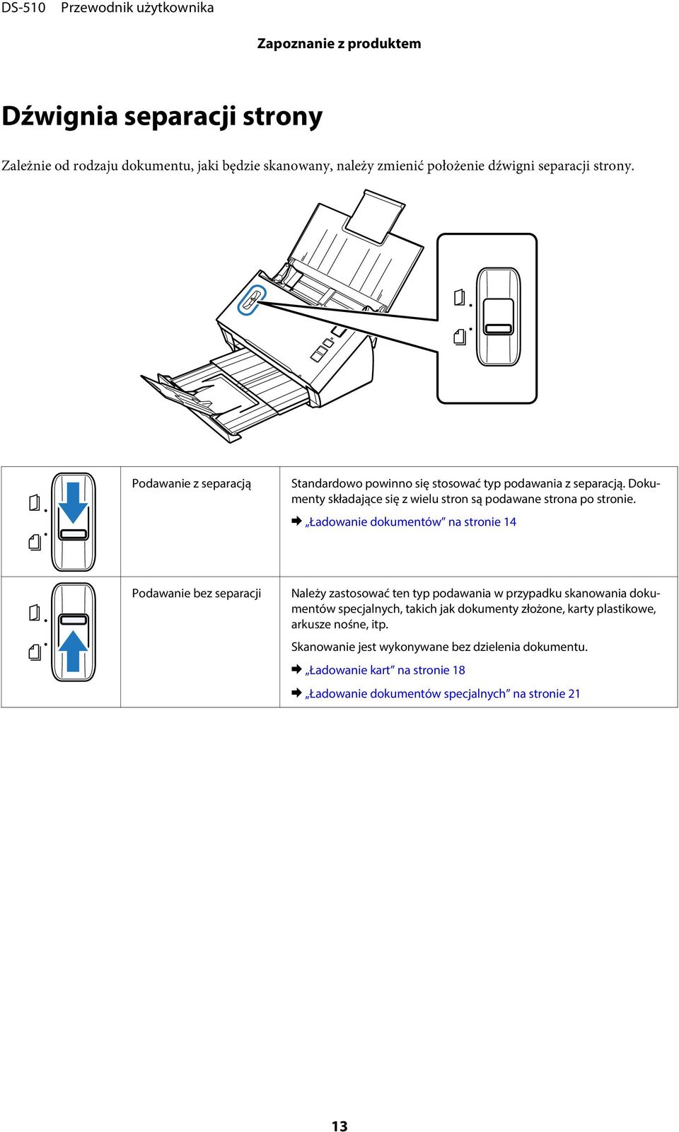 & Ładowanie dokumentów na stronie 14 Podawanie bez separacji Należy zastosować ten typ podawania w przypadku skanowania dokumentów specjalnych, takich jak