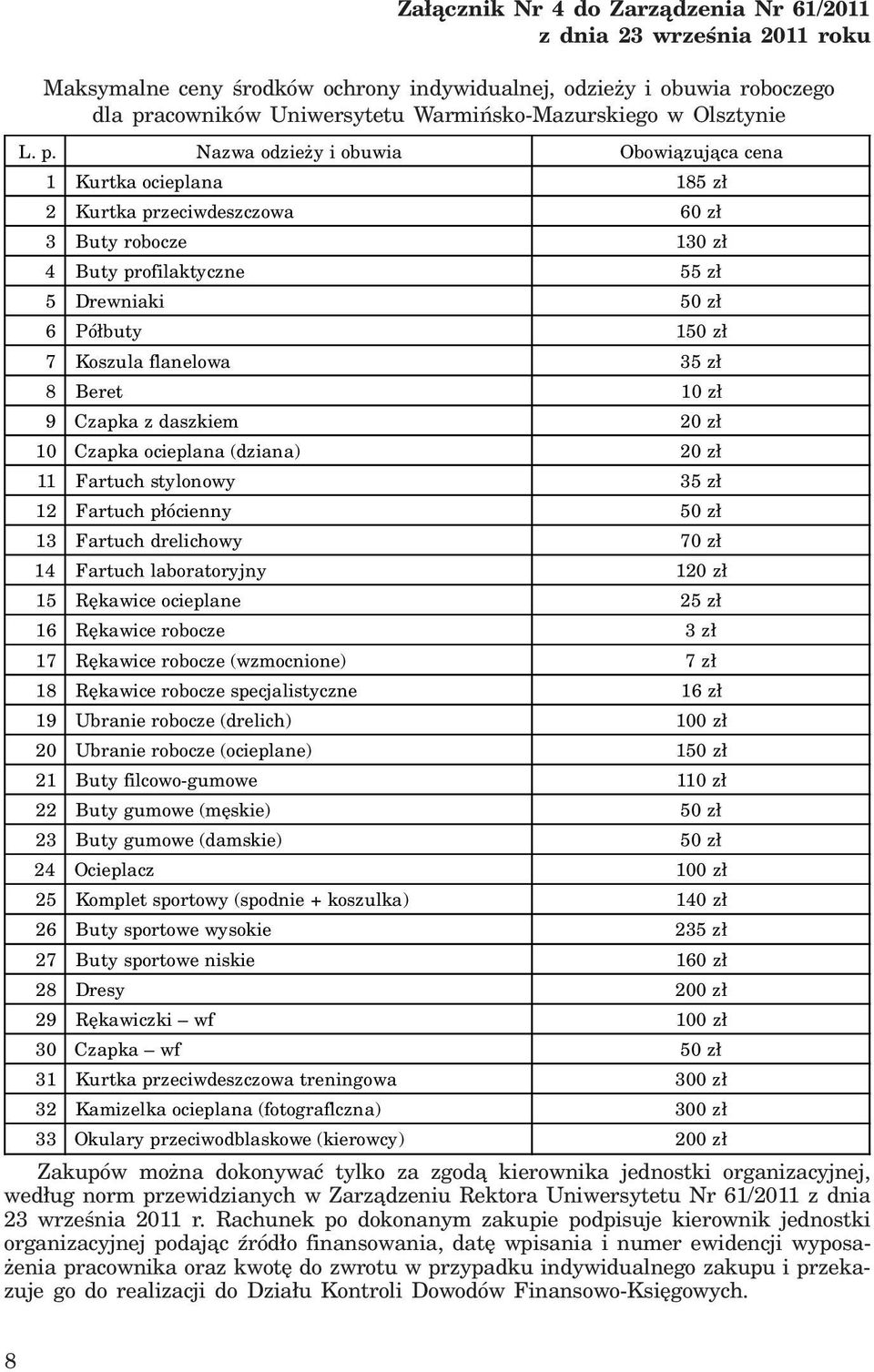 Nazwa odzie y i obuwia Obowi¹zuj¹ca cena 1 Kurtka ocieplana 185 z³ 2 Kurtka przeciwdeszczowa 60 z³ 3 Buty robocze 130 z³ 4 Buty profilaktyczne 55 z³ 5 Drewniaki 50 z³ 6 Pó³buty 150 z³ 7 Koszula