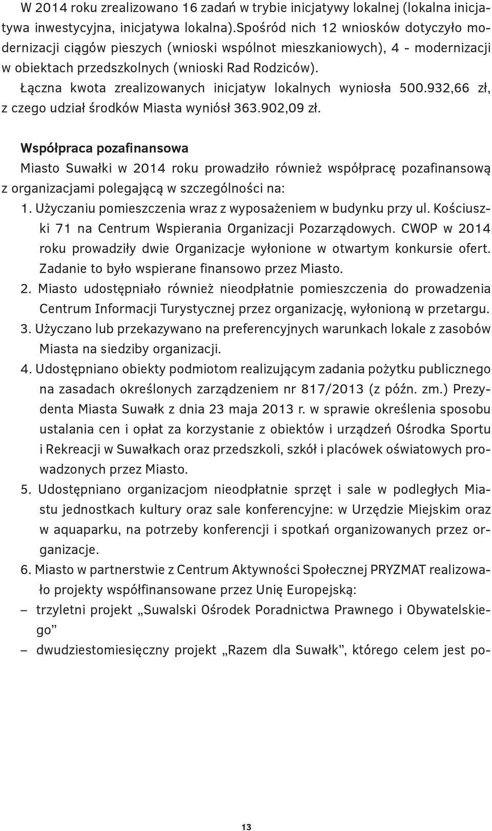 Łączna kwota zrealizowanych inicjatyw lokalnych wyniosła 500.932,66 zł, z czego udział środków Miasta wyniósł 363.902,09 zł.