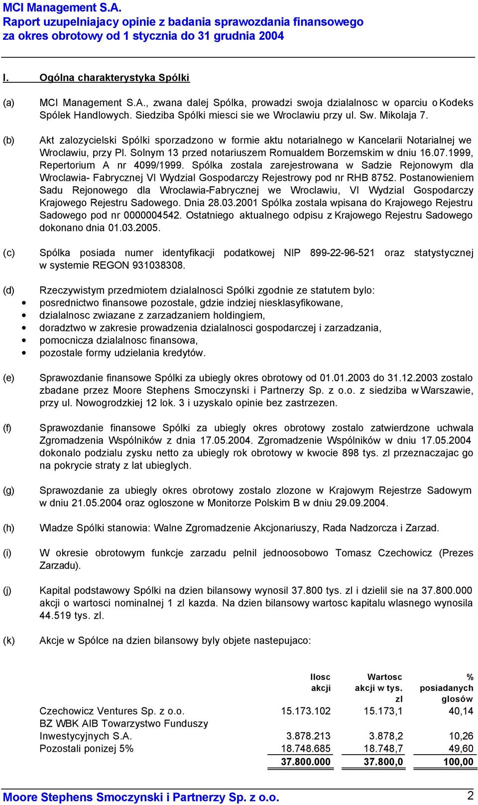 Akt zalozycielski Spólki sporzadzono w formie aktu notarialnego w Kancelarii Notarialnej we Wroclawiu, przy Pl. Solnym 13 przed notariuszem Romualdem Borzemskim w dniu 16.07.