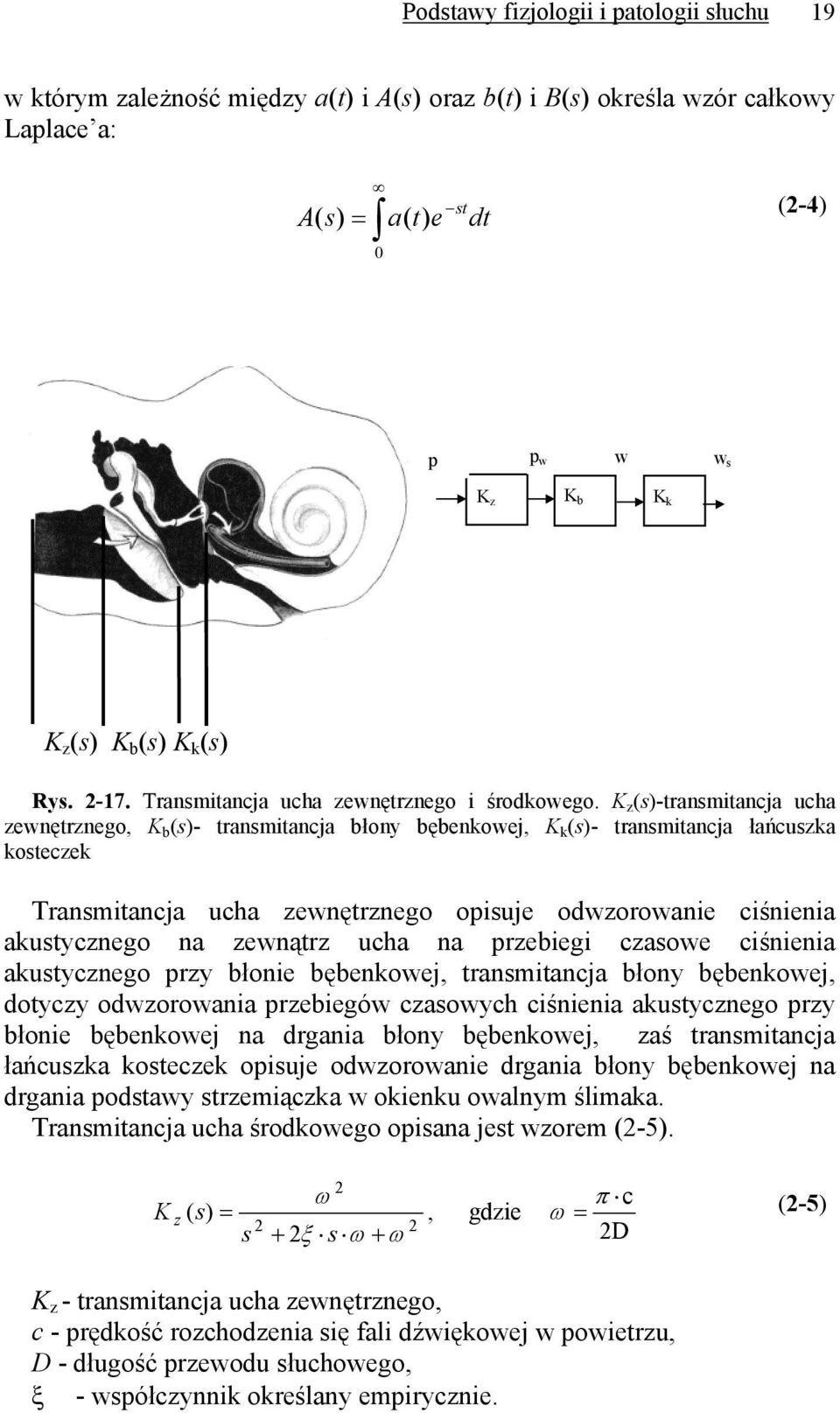 K z (s)-transmitancja ucha zewnętrznego, K b (s)- transmitancja błony bębenkowej, K k (s)- transmitancja łańcuszka kosteczek Transmitancja ucha zewnętrznego opisuje odwzorowanie ciśnienia